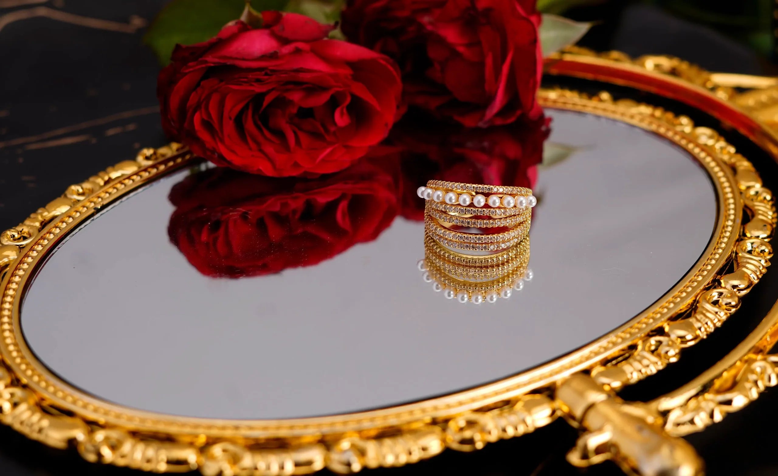 Pearls and Diamond Multi-Layered Ring