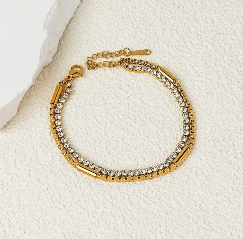 Double layer bracelet with studded rhinestones