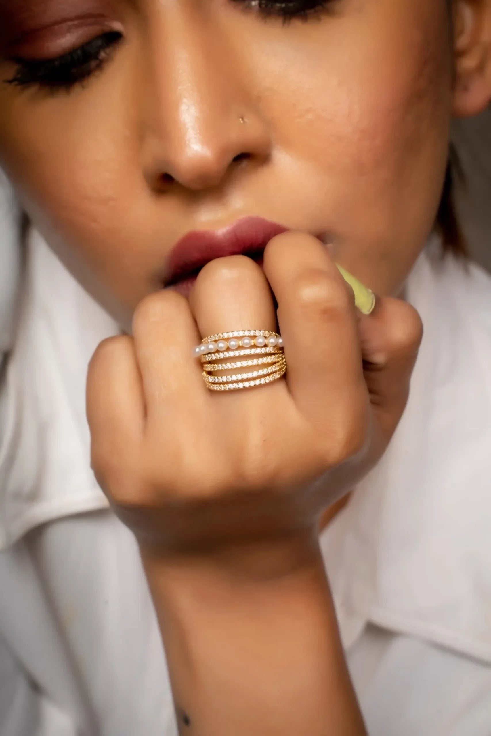 Pearls and Diamond Multi-Layered Ring