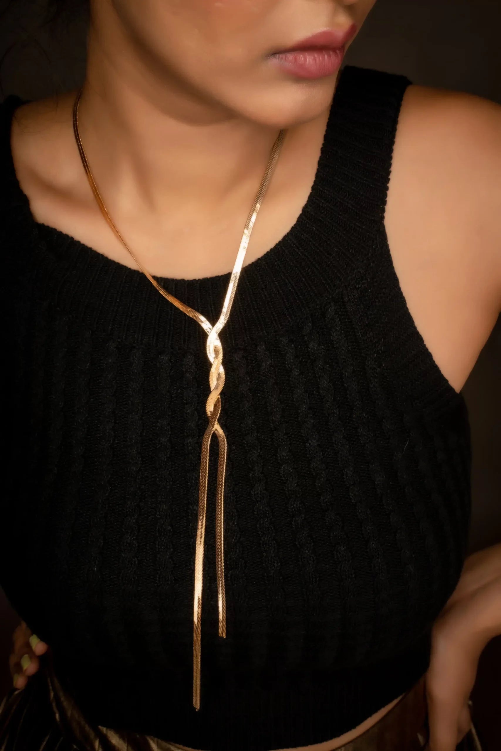 Long tangled necklace for deep neckline styling in gold plated finish – Smara Jewellery
