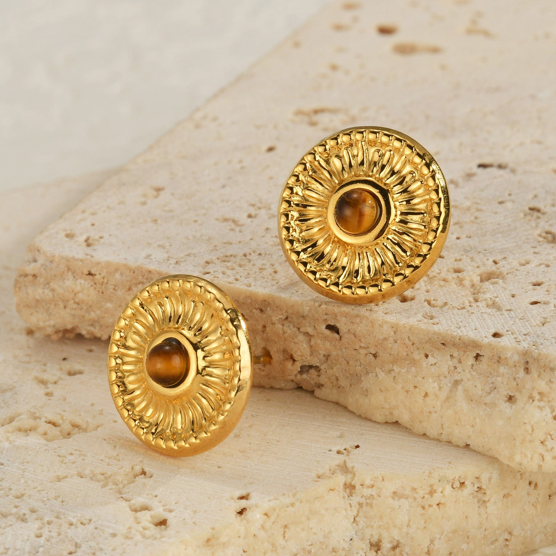 Round Tiger Eye Stud Earrings