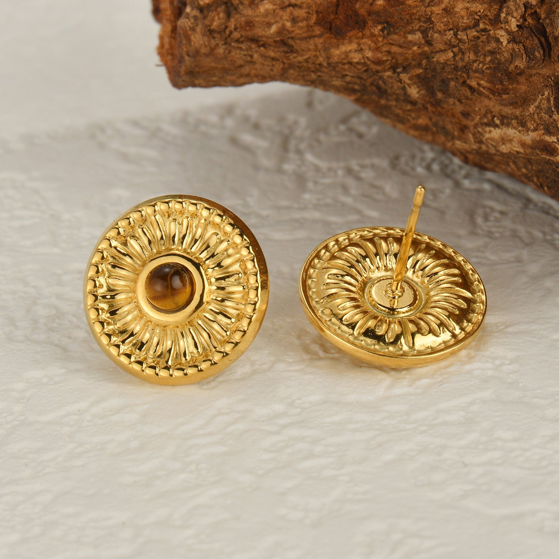 Round Tiger Eye Stud Earrings