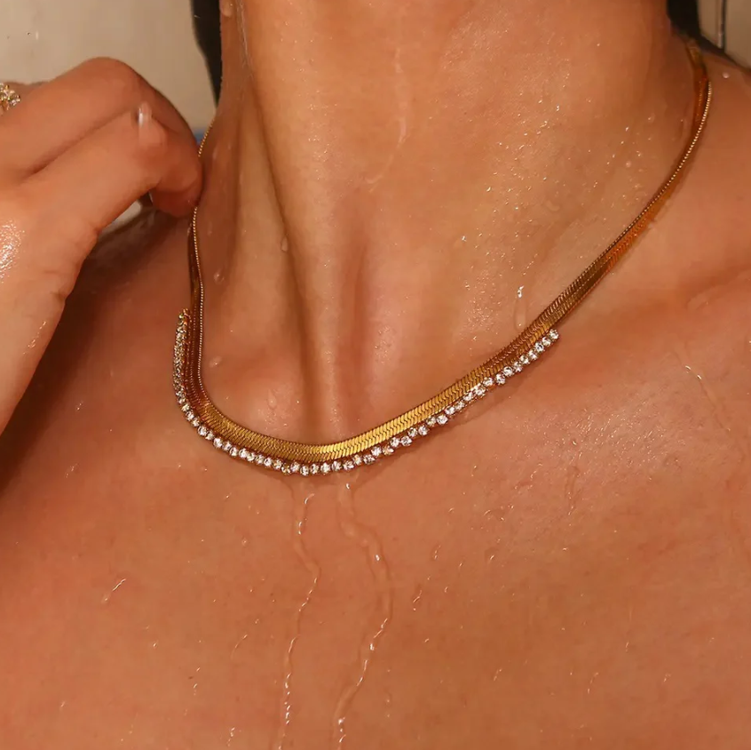Artificial Diamond Herringbone Chain Necklace