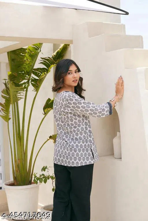 White hand block print cotton kurti
