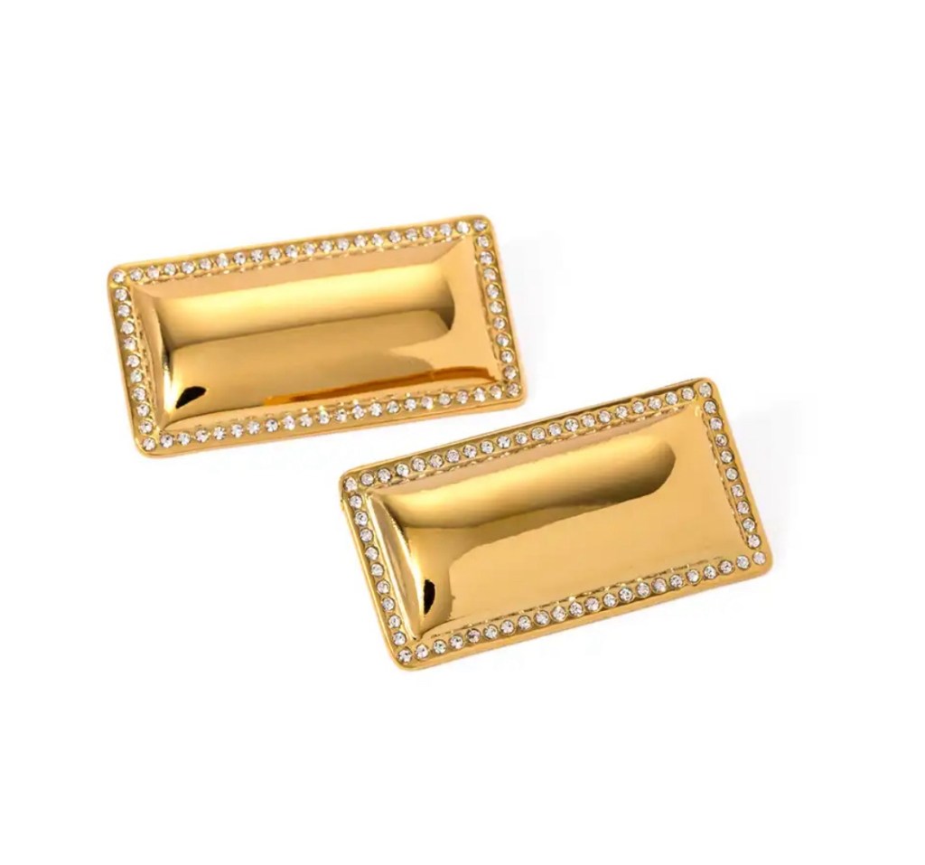 Diamond-Encrusted Glossy Rectangular Stud Earrings